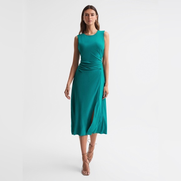 NWT Reiss Lexi Bodycon Ruched Midi Dress Size 10 Green - Picture 1 of 15